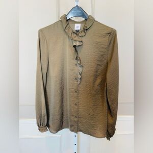 CAbi The Icon Blouse 4167 Wren Green Warm Olive Button Down Ruffle Long Sleeve